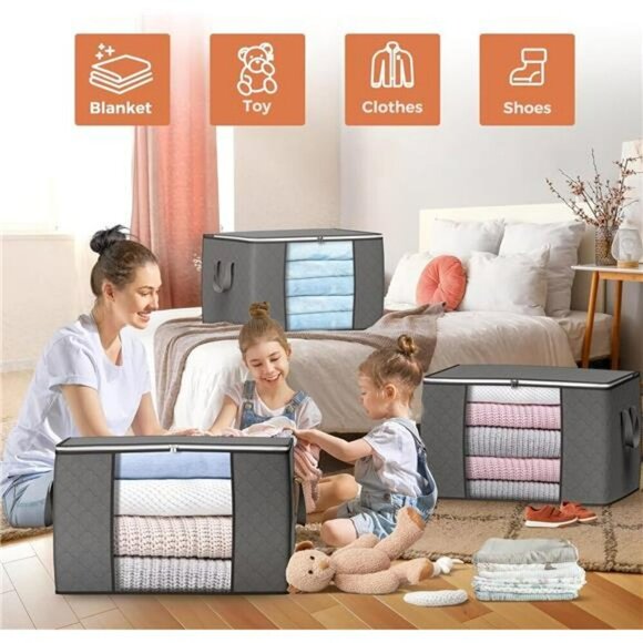 Large Storage Bags 6 Pack Foldable Clothes Organizer Bins with Zippers Gray - Picture 3 of 7